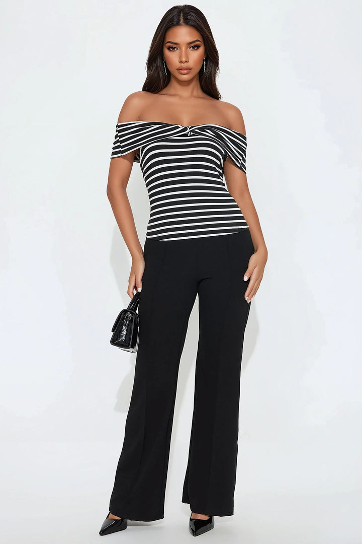 Arianna Off Shoulder Striped Crop Top - Black/White