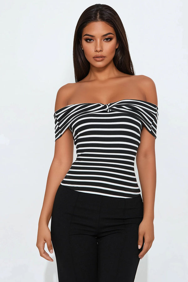 Arianna Off Shoulder Striped Crop Top - Black/White