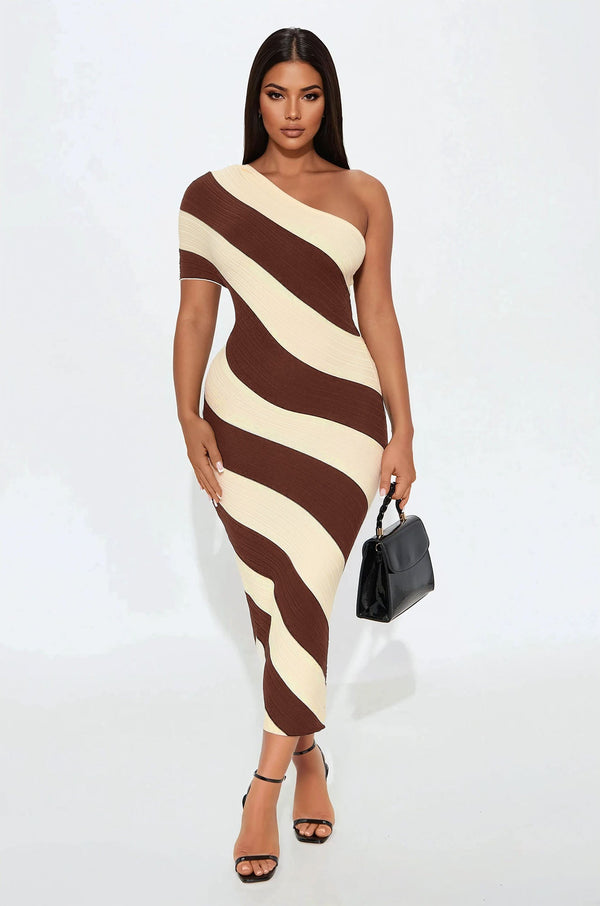 Akari Striped Sweater Midi Dress - Mocha/combo