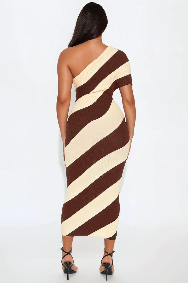 Akari Striped Sweater Midi Dress - Mocha/combo