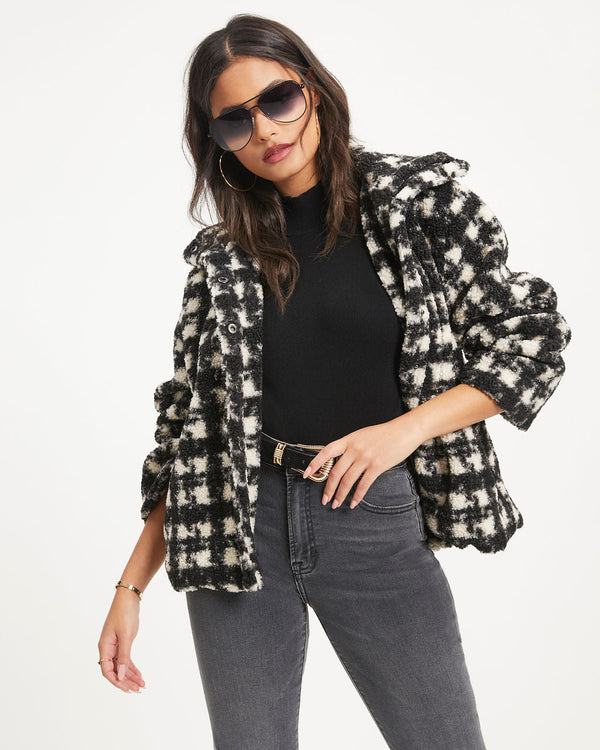 Coziness All Day Pocketed Teddy Jacket Black White