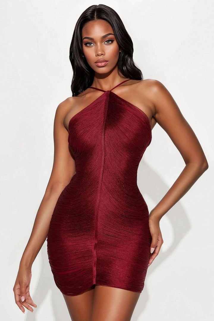 Cause A Scene Fringe Bandage Mini Dress - DarkRed