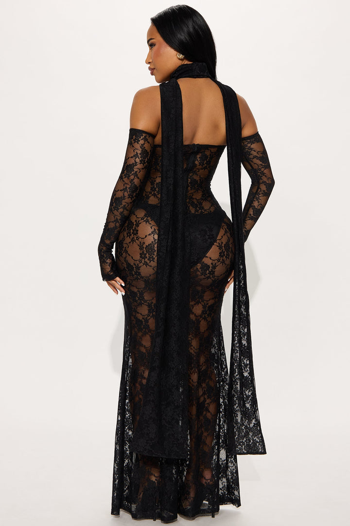 Alexa Lace Drape Maxi Dress - Black