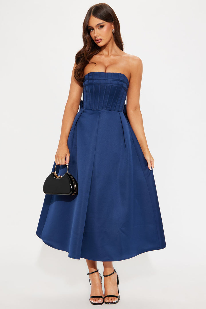 Majestic Night Satin Midi Dress - Navy