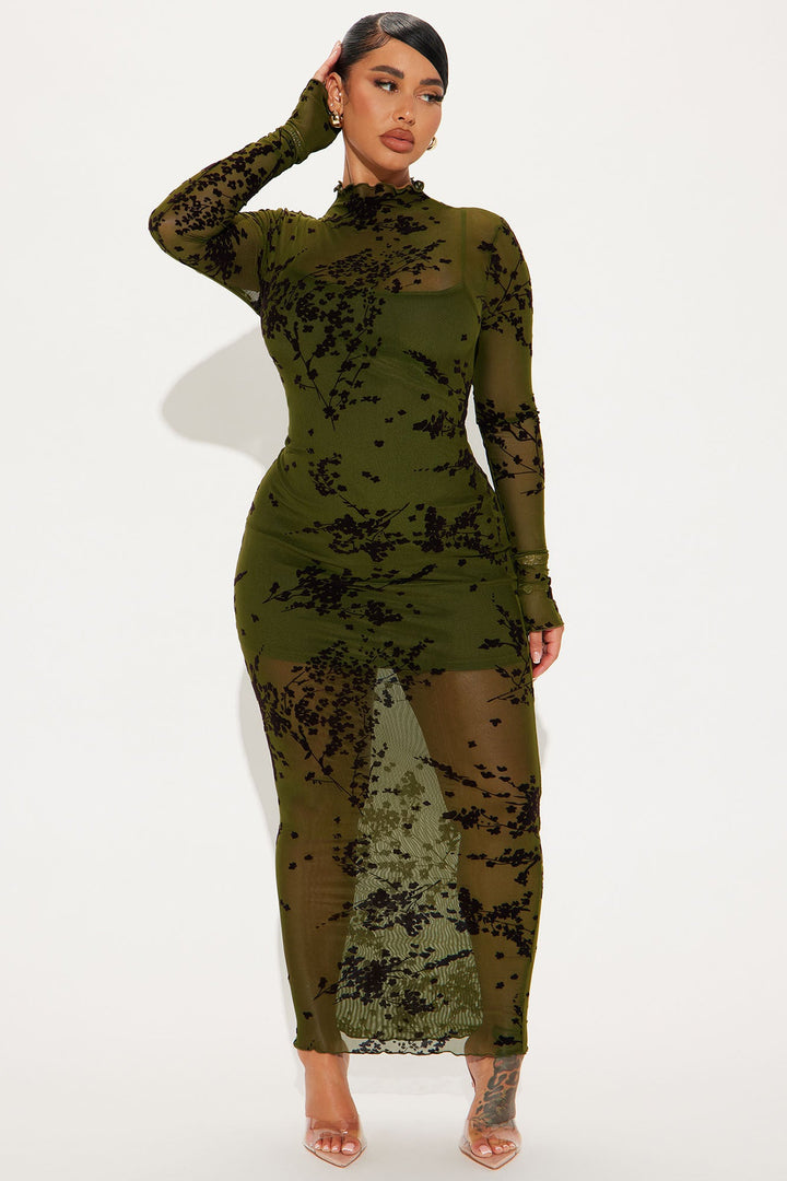 In Full Bloom Mesh Maxi Dress - Olive