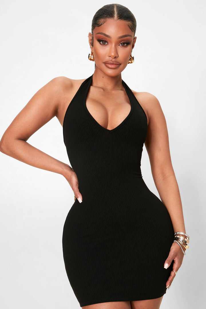 Celeste Snatched Halter Mini Dress - Black