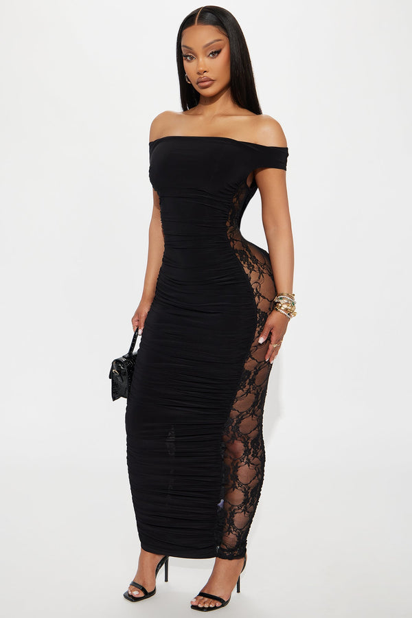 Adah Ruched Lace Maxi Dress - Black