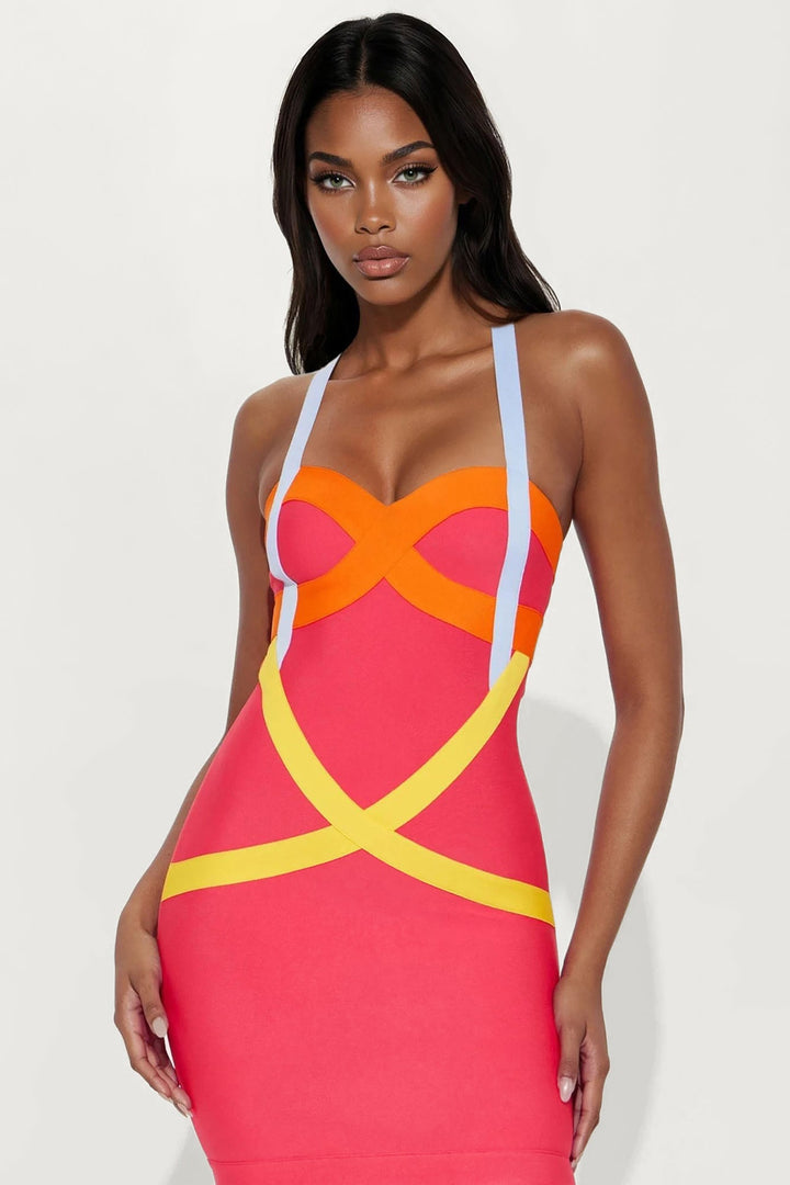 A Night In The City Bandage Midi Dress - Pink/combo