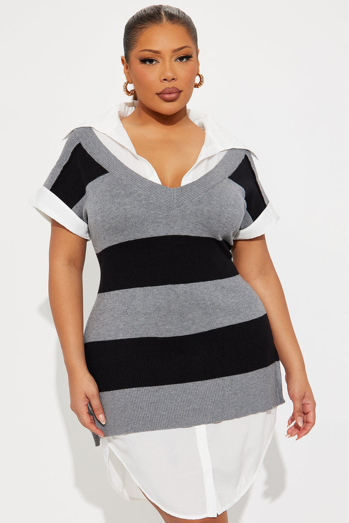 Tali Stripe Sweater Vest Mini Dress - Grey/Black