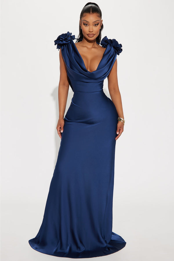 Positano Cowl Neck Satin Maxi Dress - Navy