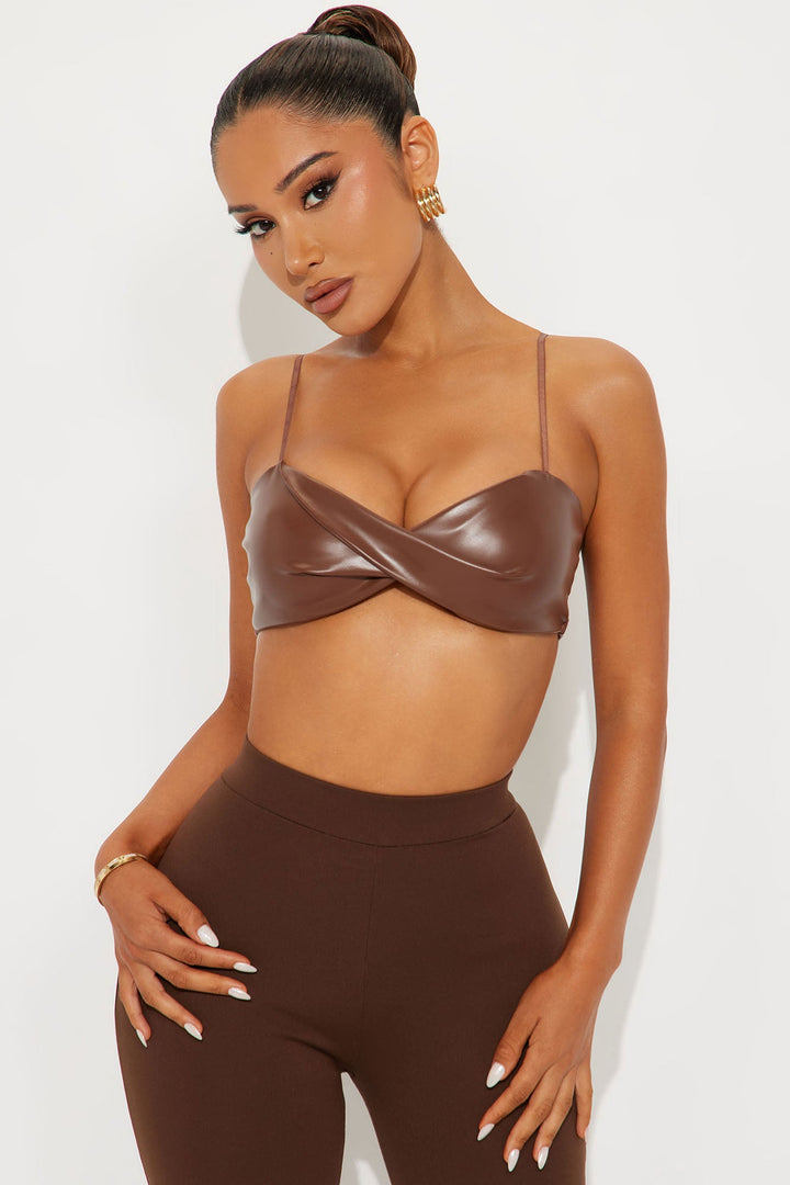 Albany Faux Leather Cropped Bra Top - Brown