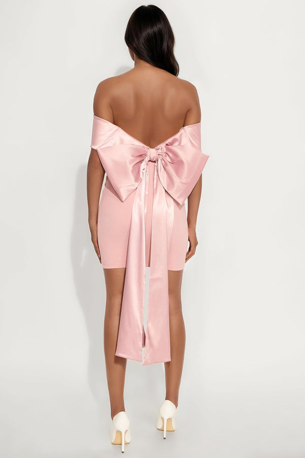 Roseline Off Shoulder Bow Mini Dress - Rose