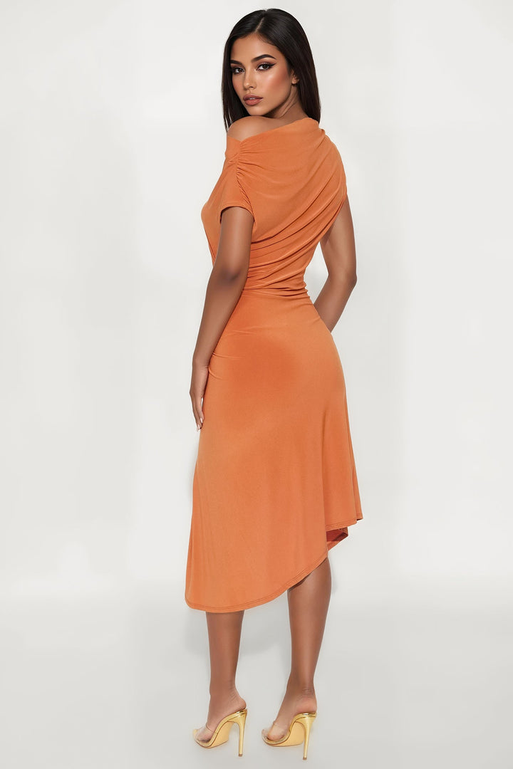 Alexia Asymmetrical Ruched Midi Dress - Rust