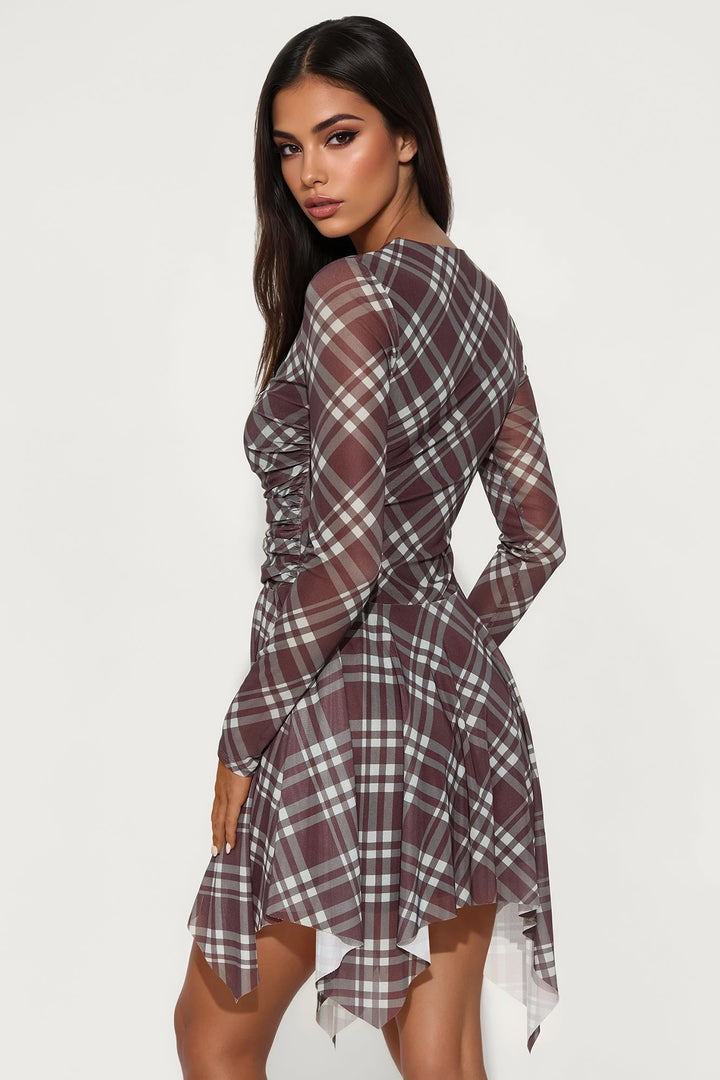 Hallie Asymmetrical Plaid Mini Dress - Brown/combo
