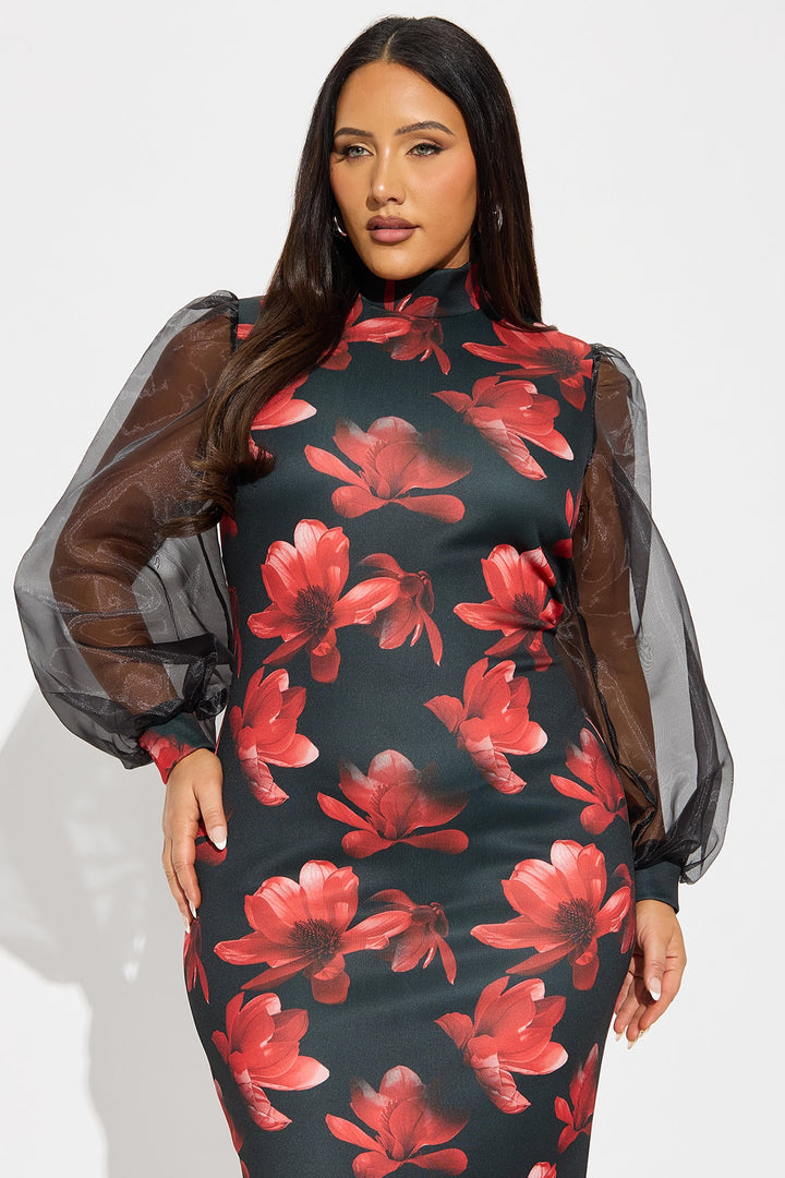 Quinn Organza Sleeve Midi Dress - Navy/combo