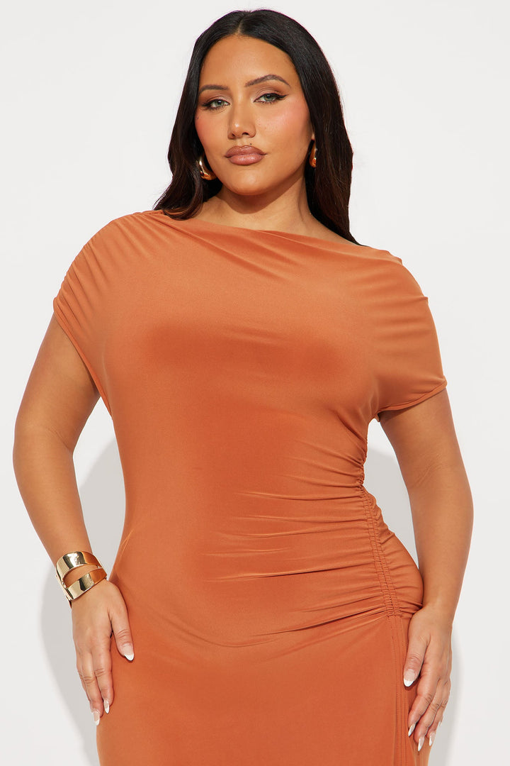 Alexia Asymmetrical Ruched Midi Dress - Rust