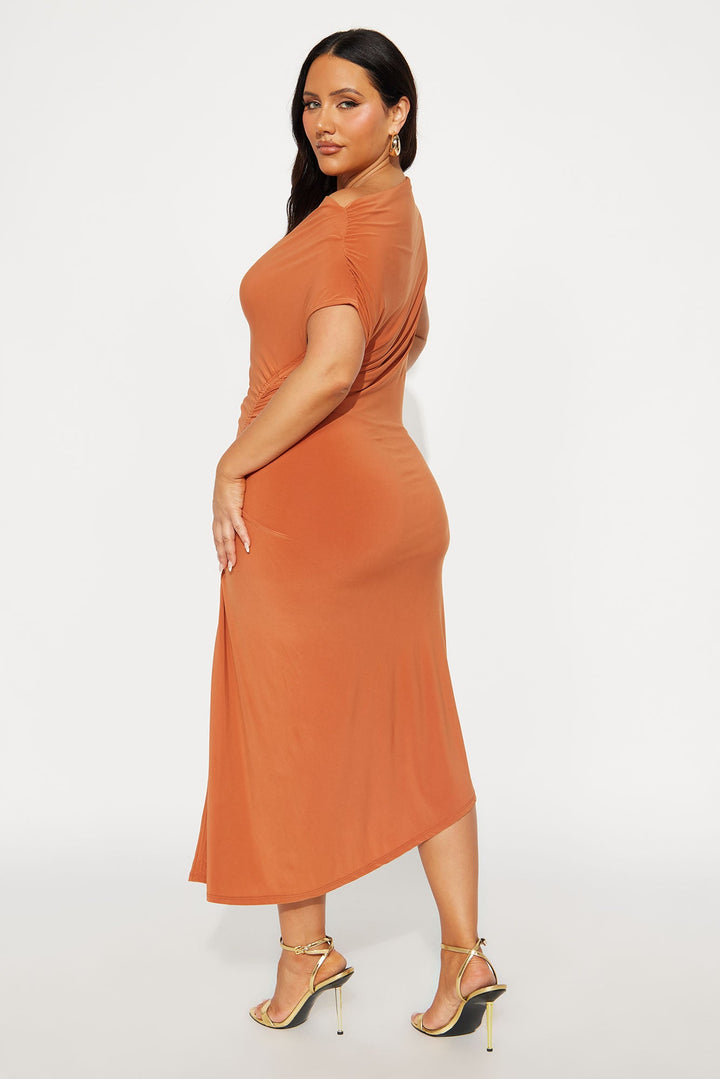 Alexia Asymmetrical Ruched Midi Dress - Rust