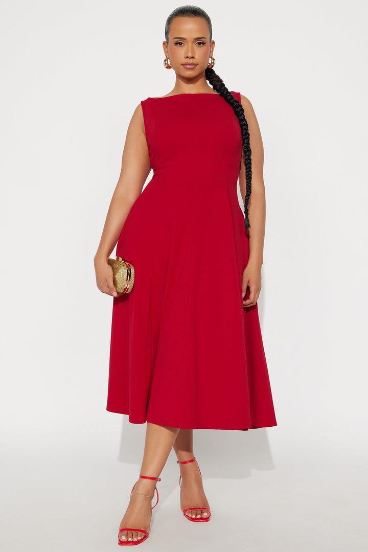 Sweet Sunday Knit Crepe Midi Dress - Red
