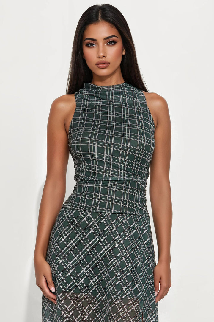 Hailie Plaid Mesh Maxi Dress - Green/combo