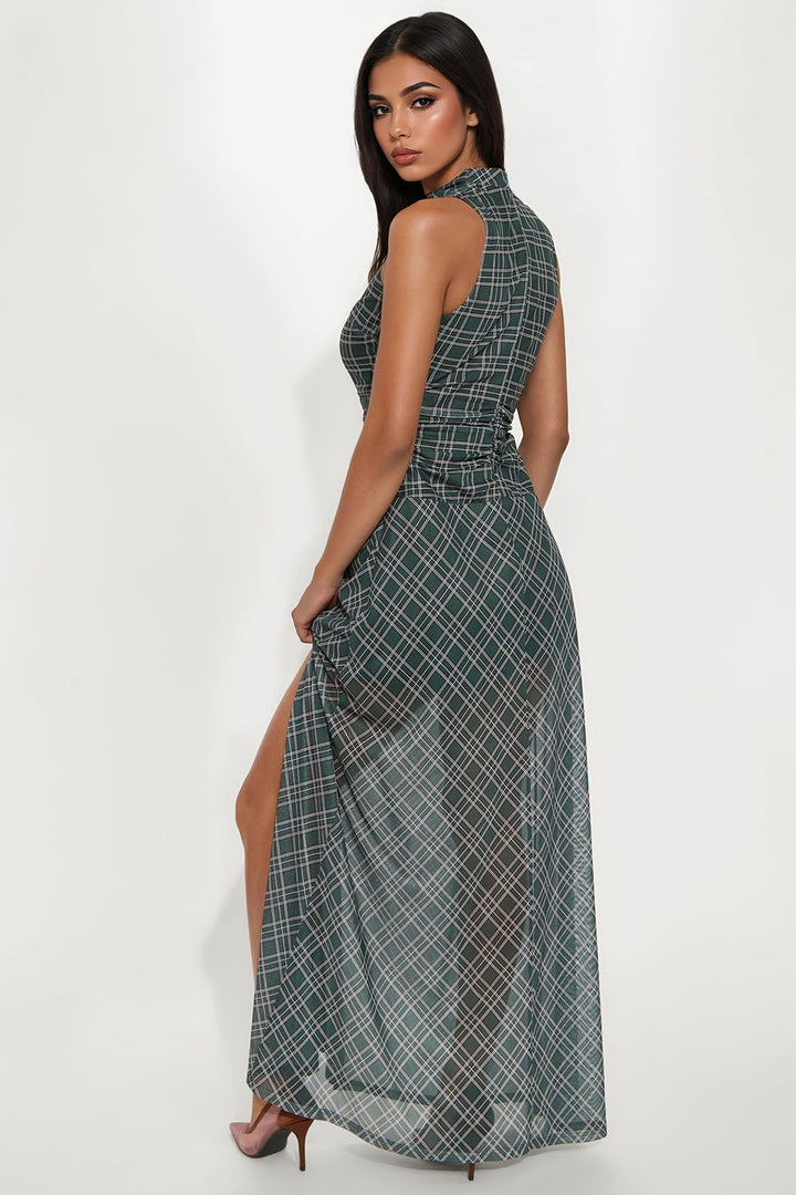 Hailie Plaid Mesh Maxi Dress - Green/combo