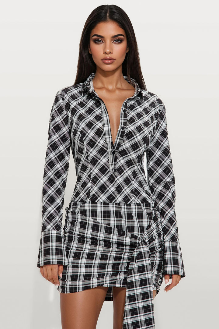 Haisley Plaid Mini Shirt Dress - Black/combo