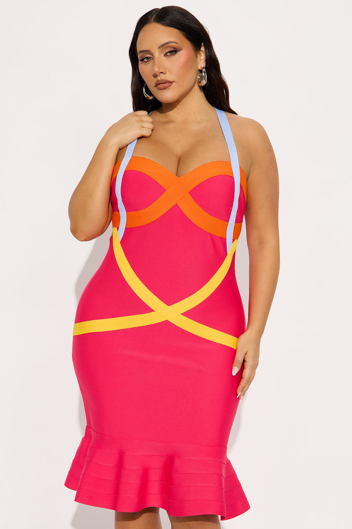 A Night In The City Bandage Midi Dress - Pink/combo