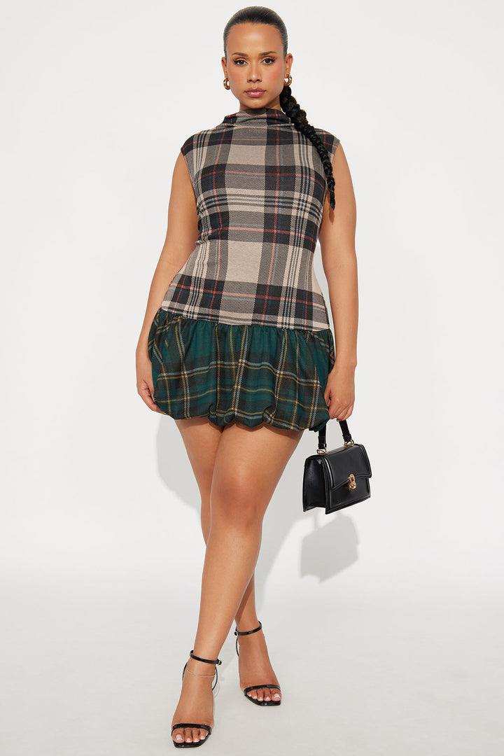 Peyton Plaid Bubble Mini Dress - Taupe/combo
