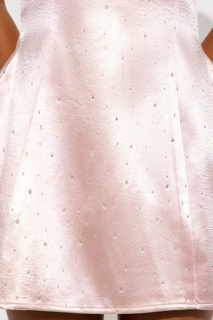 Ainsley Rhinestone Satin Mini Dress - Light Pink