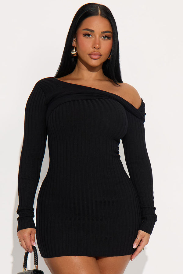 Nahla Long Sleeve Ribbed Mini Dress - Black