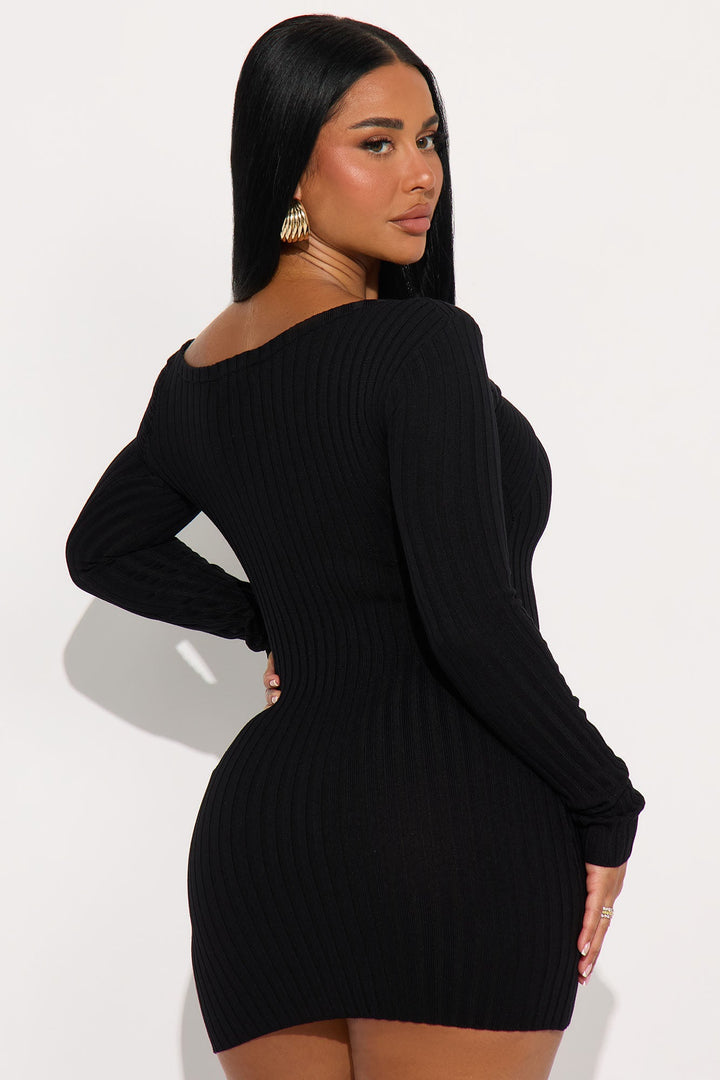 Nahla Long Sleeve Ribbed Mini Dress - Black