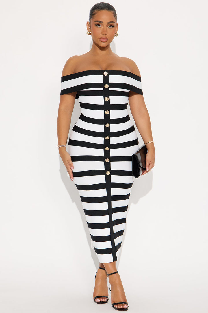 Zaria Striped Bandage Midi Dress - Black/White
