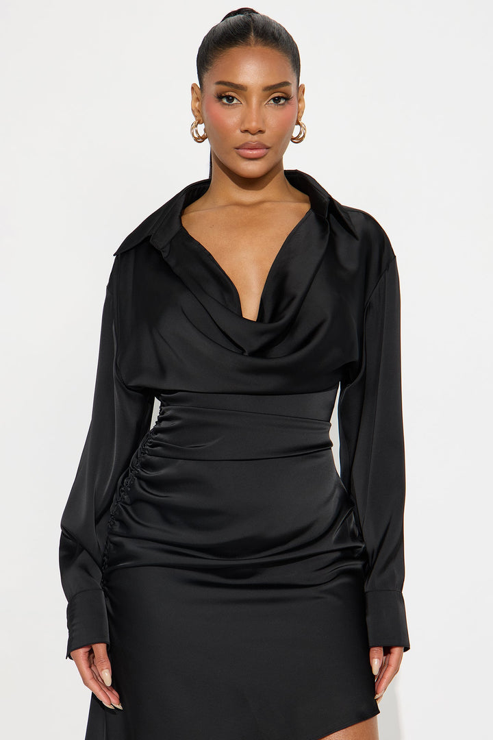 Sally Satin Shirt Mini Dress - Black