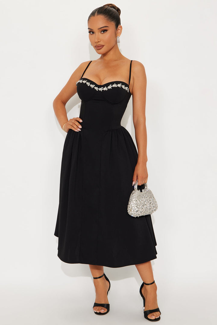 Abigail Rhinestone Midi Dress - Black