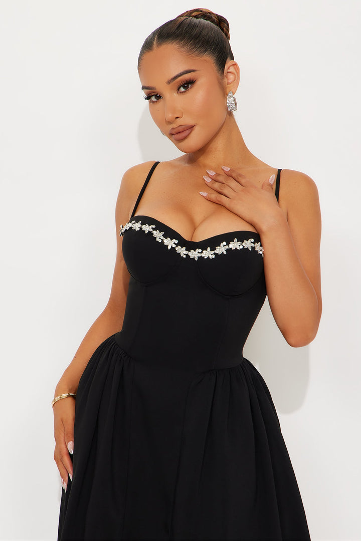 Abigail Rhinestone Midi Dress - Black