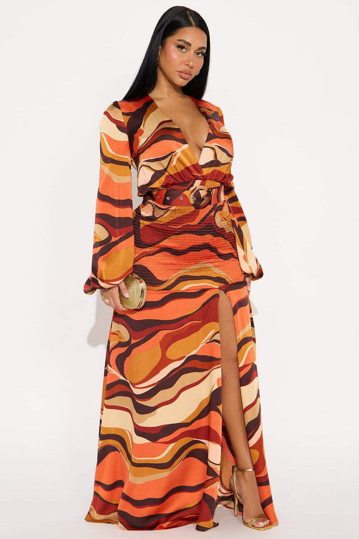 Sierra Belted Smocked Maxi Dress - Rust/combo