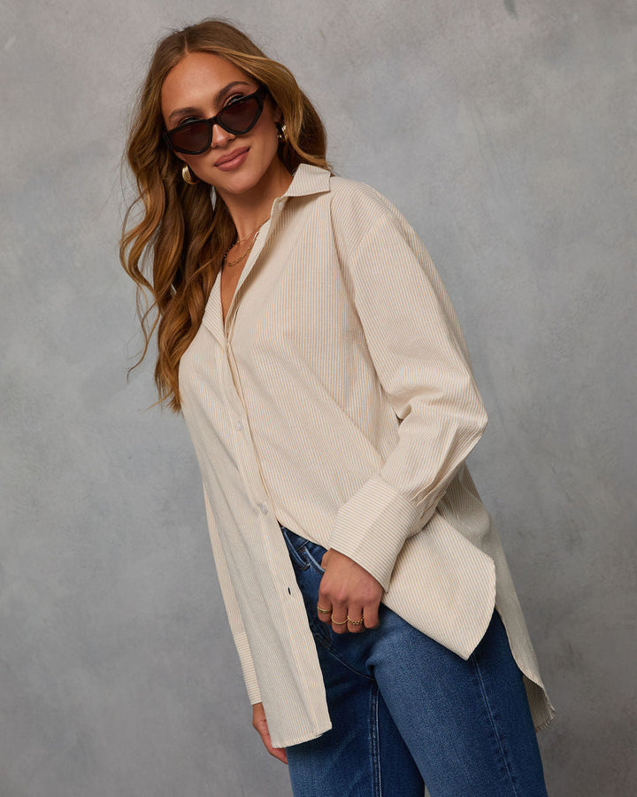 Sandy Days Cotton Stripe Button Down Top