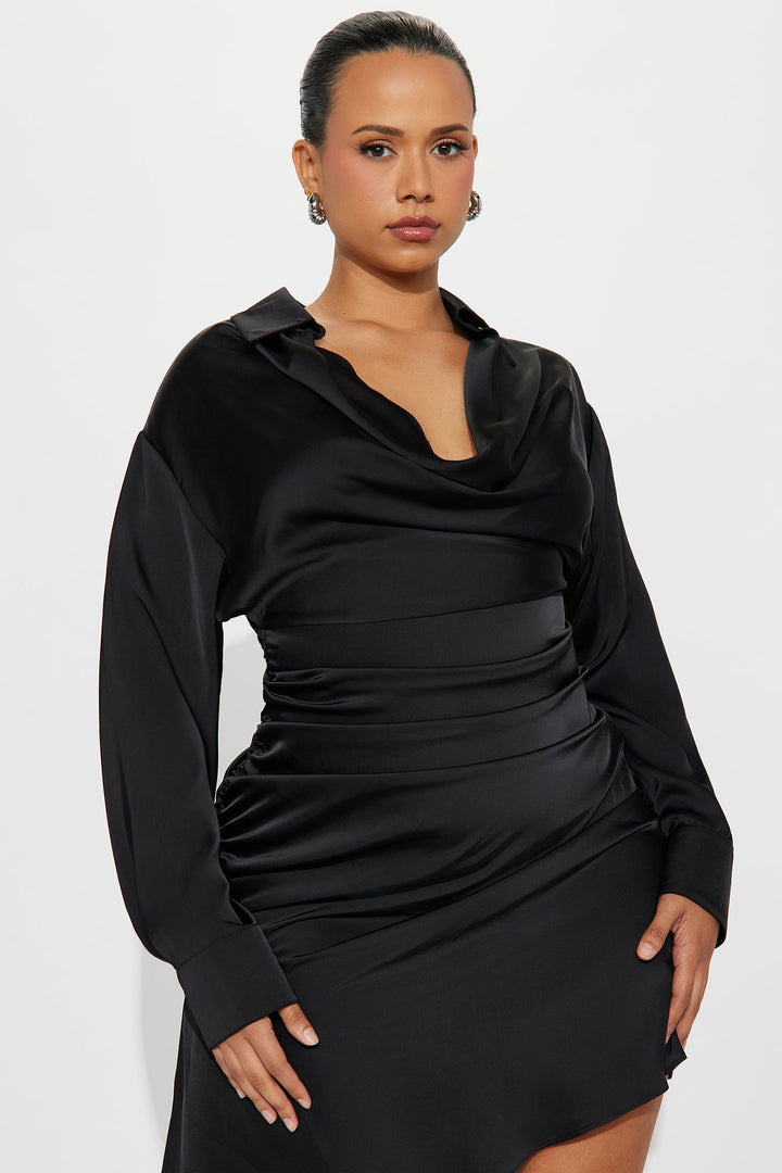 Sally Satin Shirt Mini Dress - Black