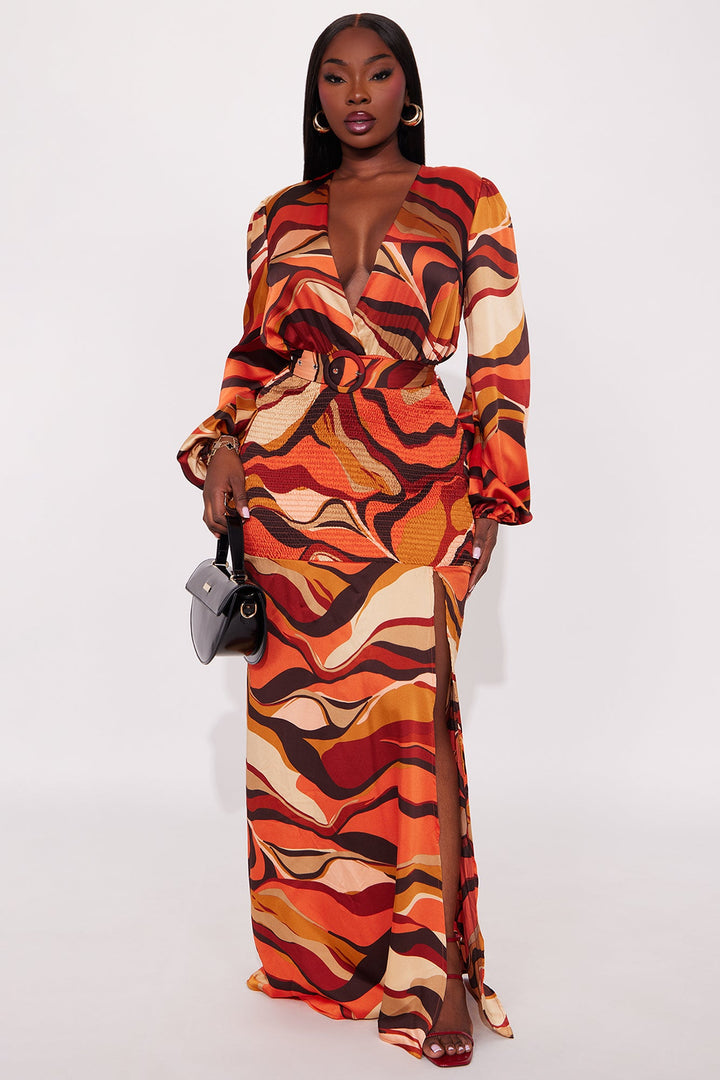 Sierra Belted Smocked Maxi Dress - Rust/combo