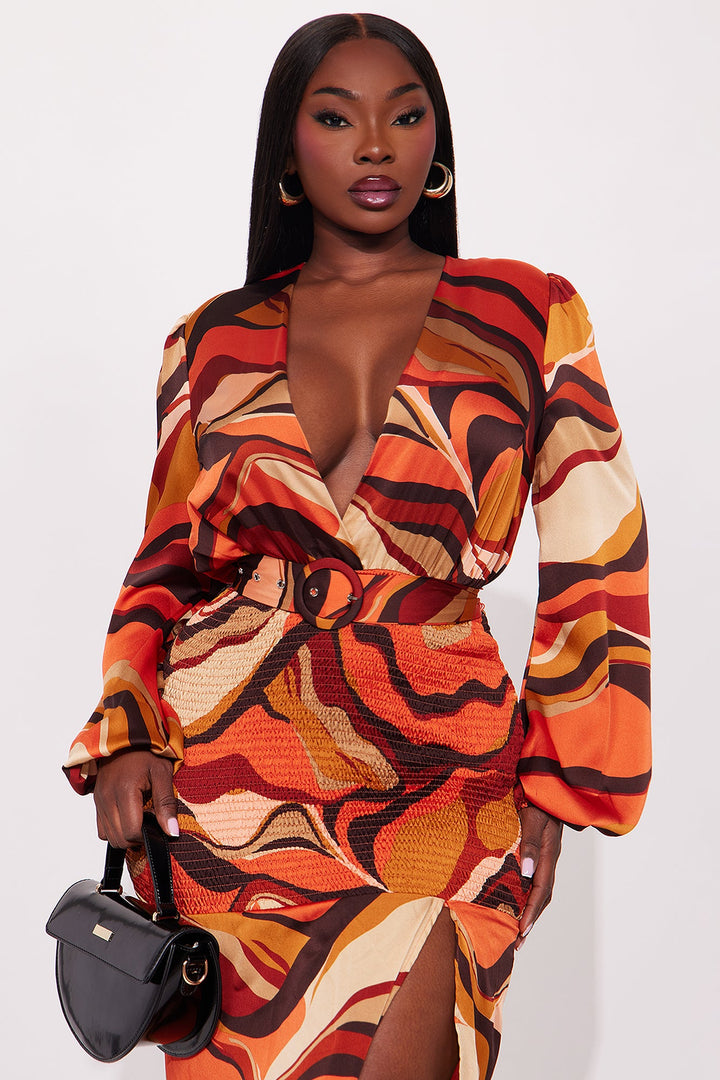 Sierra Belted Smocked Maxi Dress - Rust/combo