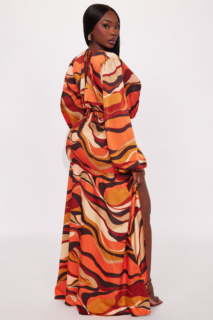 Sierra Belted Smocked Maxi Dress - Rust/combo