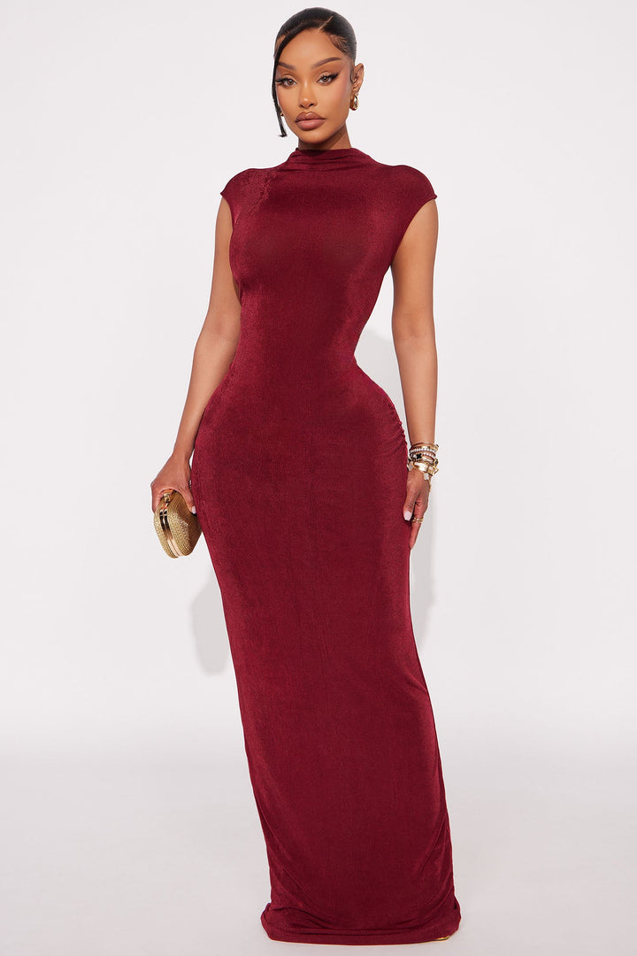 Ella Mock Neck Maxi Dress - Burgundy
