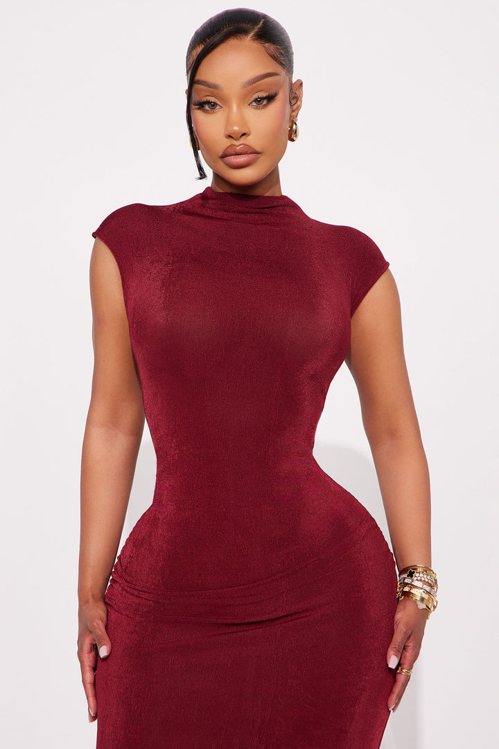 Ella Mock Neck Maxi Dress - Burgundy
