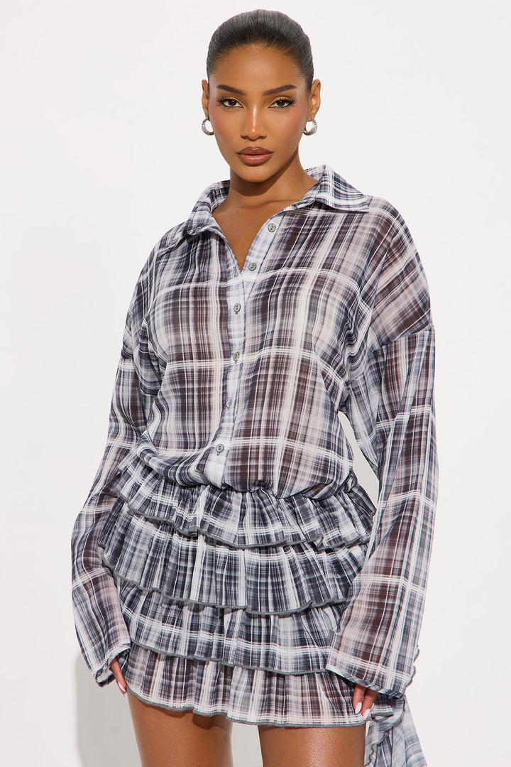 Kenna Plaid Chiffon Mini Dress - Grey