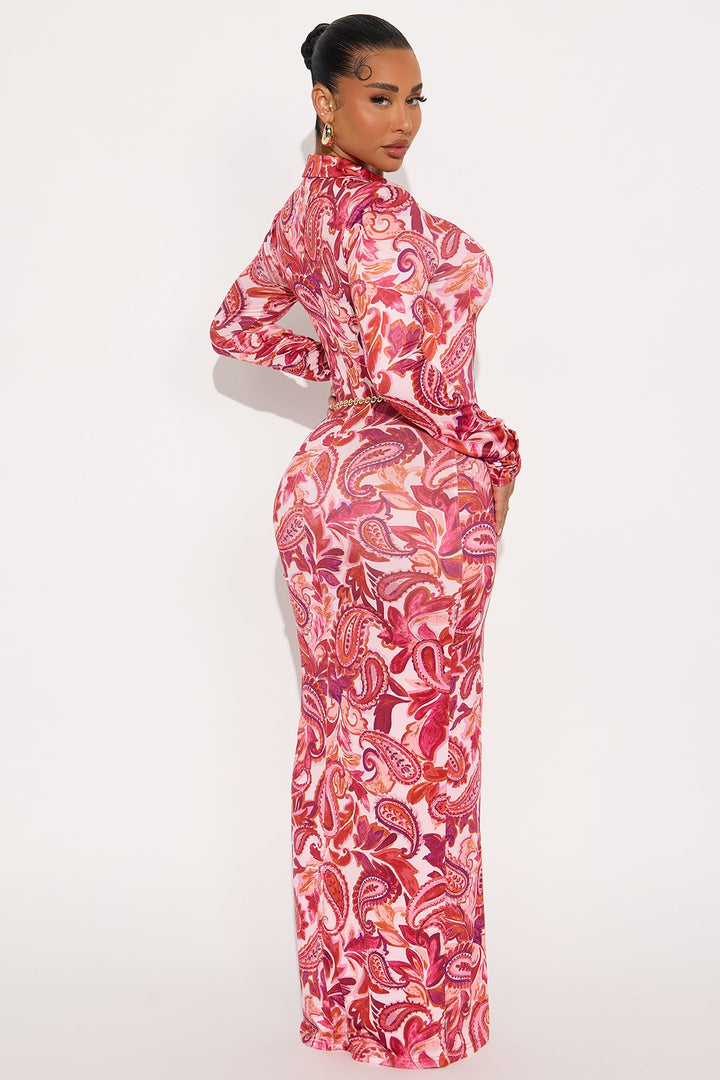 Alexius Chain Belted Maxi Shirt Dress - Pink/combo