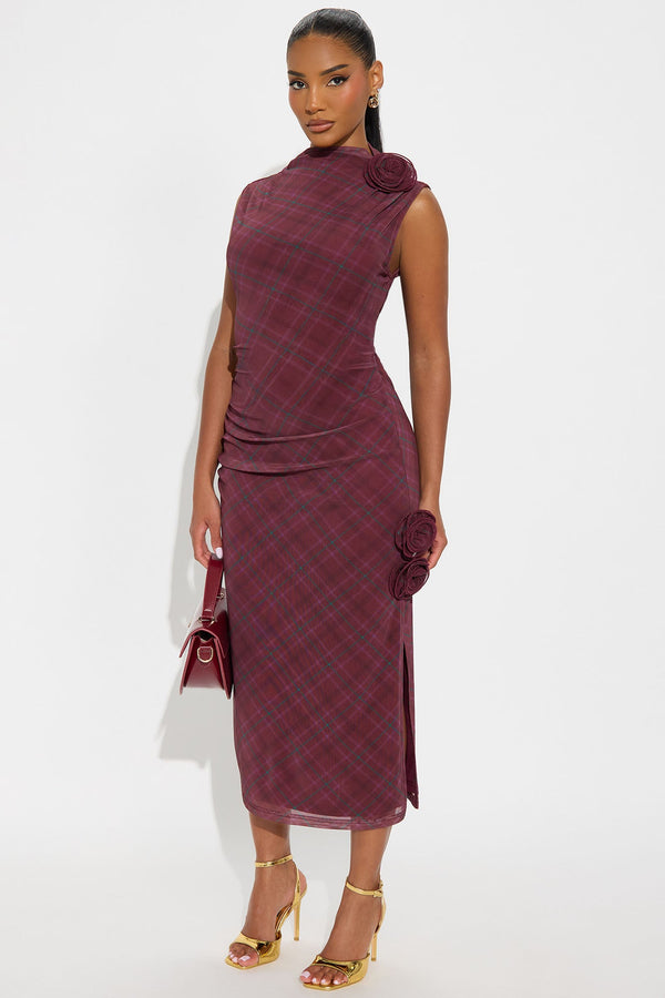 Rosie Ruched Plaid Mini Dress - Burgundy