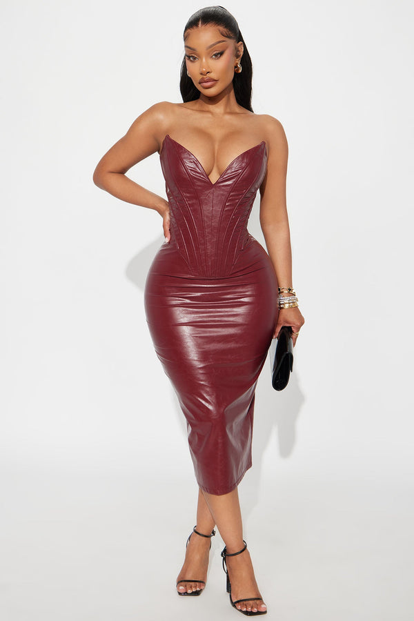 Callie Corset Faux Leather Midi Dress - Wine