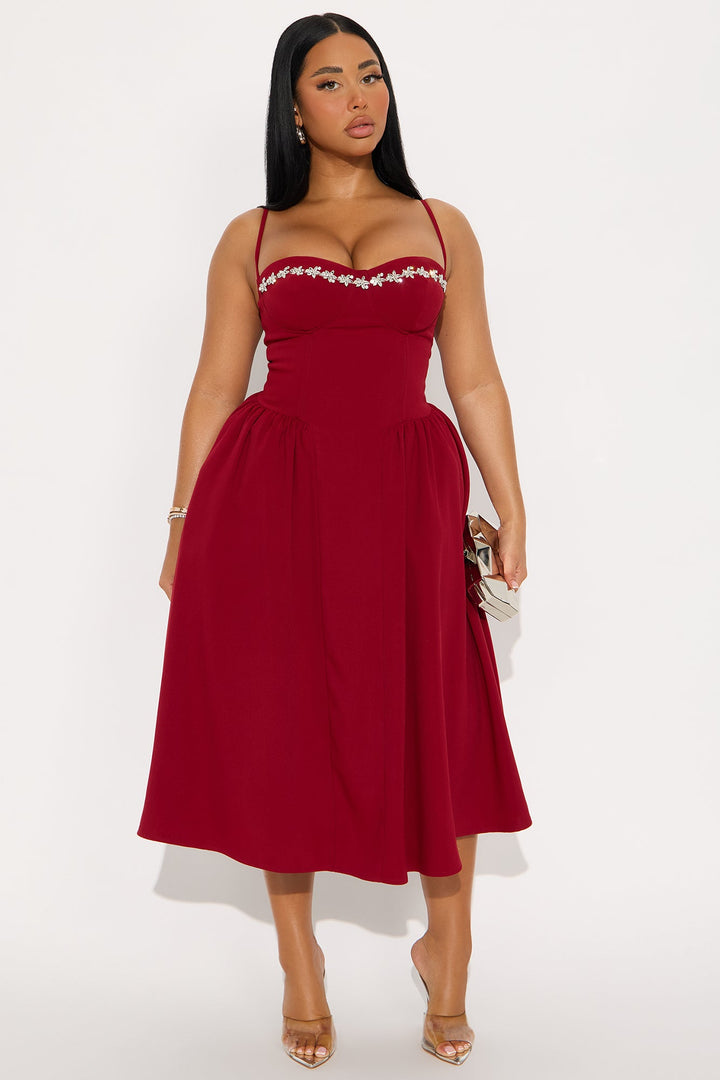 Abigail Rhinestone Midi Dress - Red