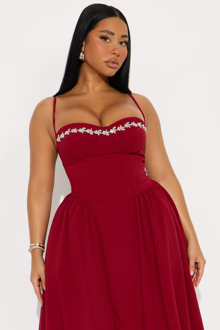 Abigail Rhinestone Midi Dress - Red