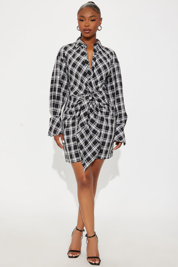 Ariana Plaid Mini Shirt Dress - Black/combo