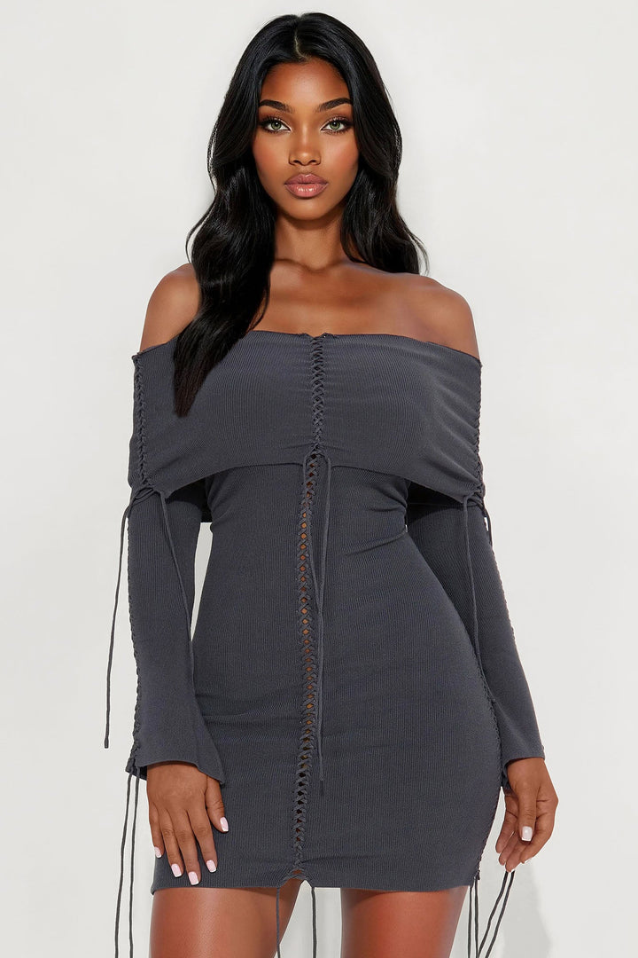 Addison Off Shoulder Sweater Mini Dress - Charcoal